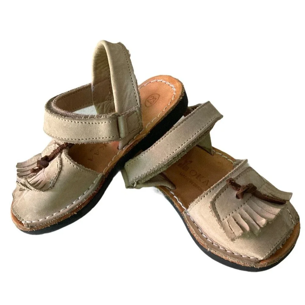 OKAA SPAIN Girls Tan Leather Fringe Sandals Size 23- US 6.5 Girls